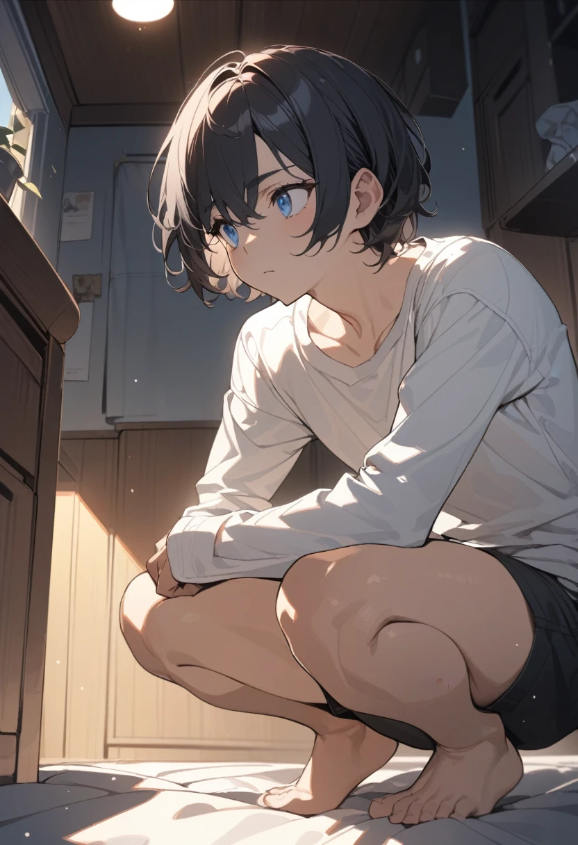 masterpiece, best quality, extremely detailed, ultra detailed, flat anime, 2D,
((1boy)),black hair, (short hair:1.2),blue eyes, height 1.7meters, (circle eyes:1.2), (young adult:1.2)
long Sleeves, White T-shirt, barefoot,
squatting, looking away, expressionless,
summer, 12AM, livingroom