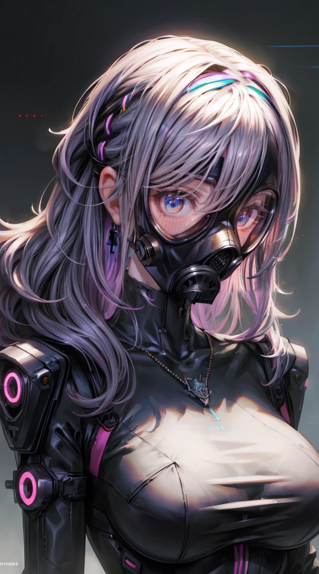 (masterpiece, Best quality), futuristic, Steelpunk, Pastel Gothic, Cyberpunk mask, sophisticated tactical technical clothing, neon accents, fashionable, Stylish, perfect slim body, big breasts, asymmetrical bangs, Wavy hair, hair band, necklace, bracelet, beautiful detailed eyes.   dynamic pose, contrasting, dynamic lighting