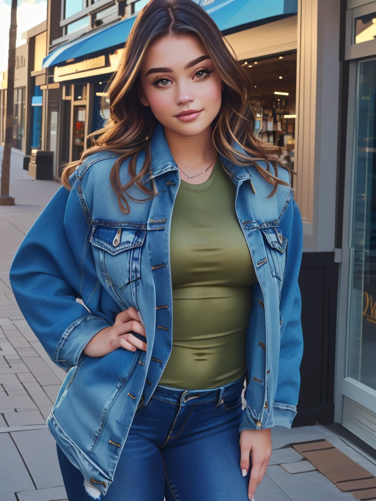 Sexy woman in a sports bra and blue jean jacket standing in front of a store, jean jacket, wearing a jeans jackets, wearing denim, with hands in pockets lowering pants below hips, sexy, wearing double denim, wearing jacket, denim jacket, wearing blue jacket, blue jacket, double denim, mid 2 0's female, wearing a blue jacket, around 1 9 years old, Large breasts, lingerie