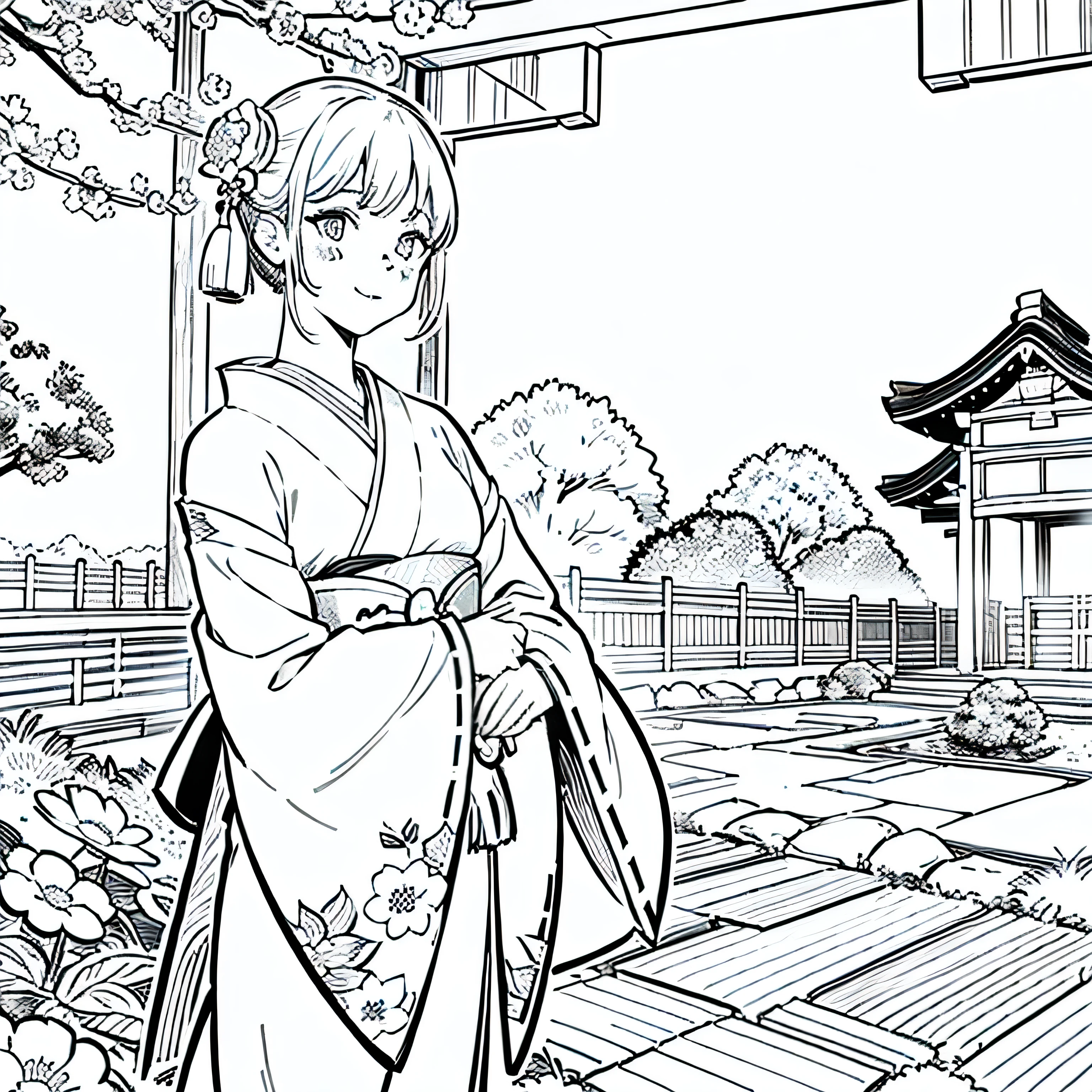 masterpiece, Top-class,only, Dragon Cute , flower line art background, White Background, monochrome, line art, ((sketch)), spooky, White eyes, 大人でも簡単にできるmonochromeの塗り絵を作ってください, A realistic and cute ukiyo-e painting of a girl in a kimono, Mr.々In a pose, With a Japanese garden in the background, Communicating Japanese culture.