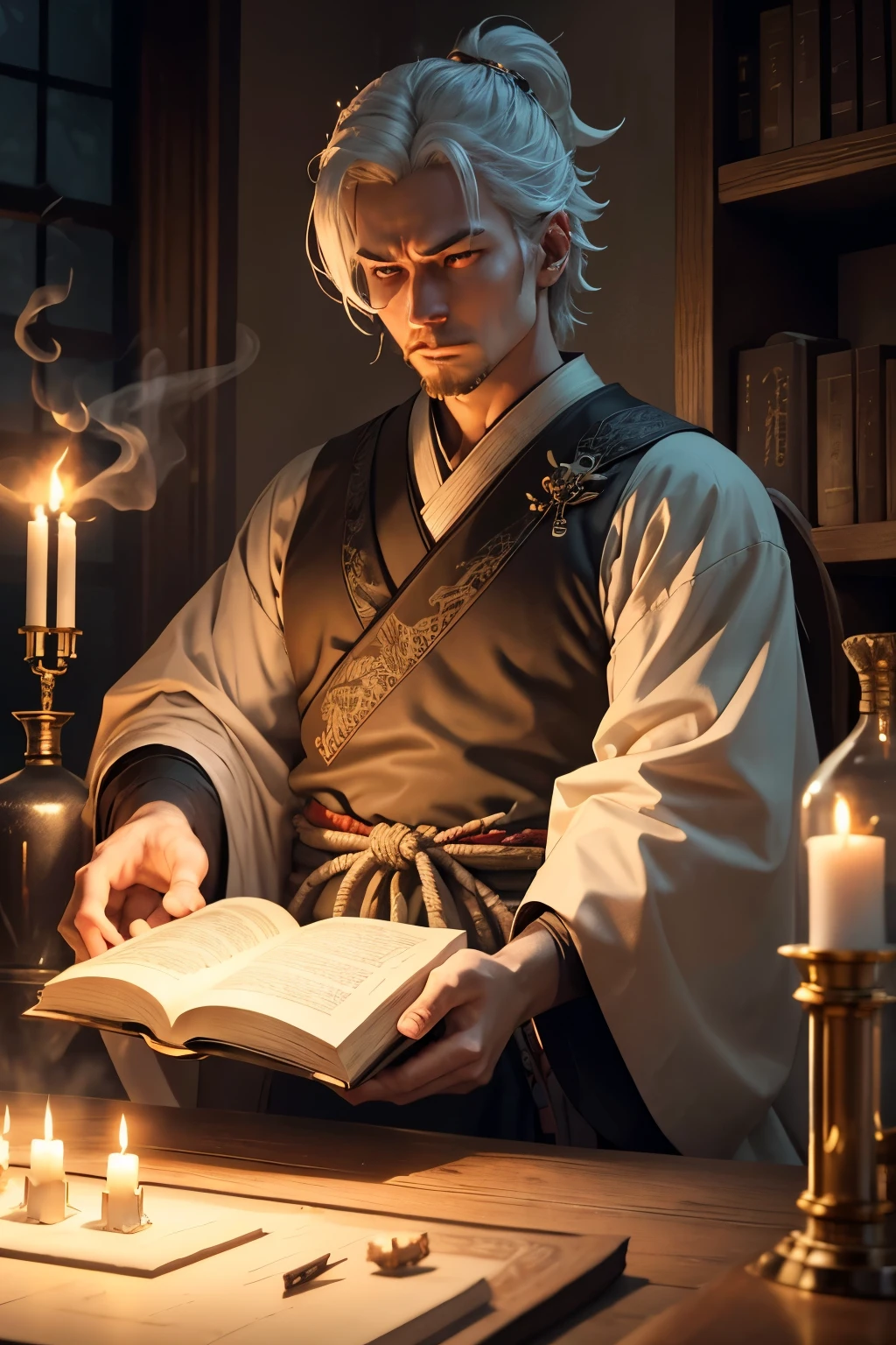 samurai reading the big book of spells in his laboratory. Detailed white flaming eyes, face detailed, Insane, flaming white hair, flaming white tiara at the back. Stunning composition, magical aura, white flames, white sparkles, apprentice, study, textbooks, bookcase, Glass jars, perfume, aroma, bottles, chemistry paraphernalia, transmutation, gold, lead, brimstone, smoke, liquid, reflections, candles, dynamic lighting, photo realist, ultra HD, 16K, Octane rendering and cinematic lighting