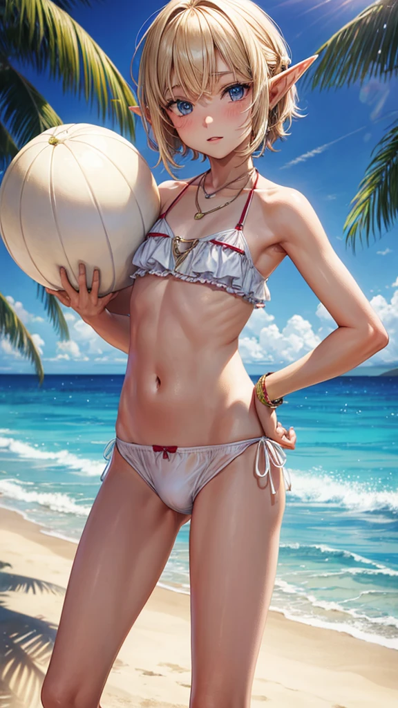 Twelve year old thin blond elf boy in beachwear