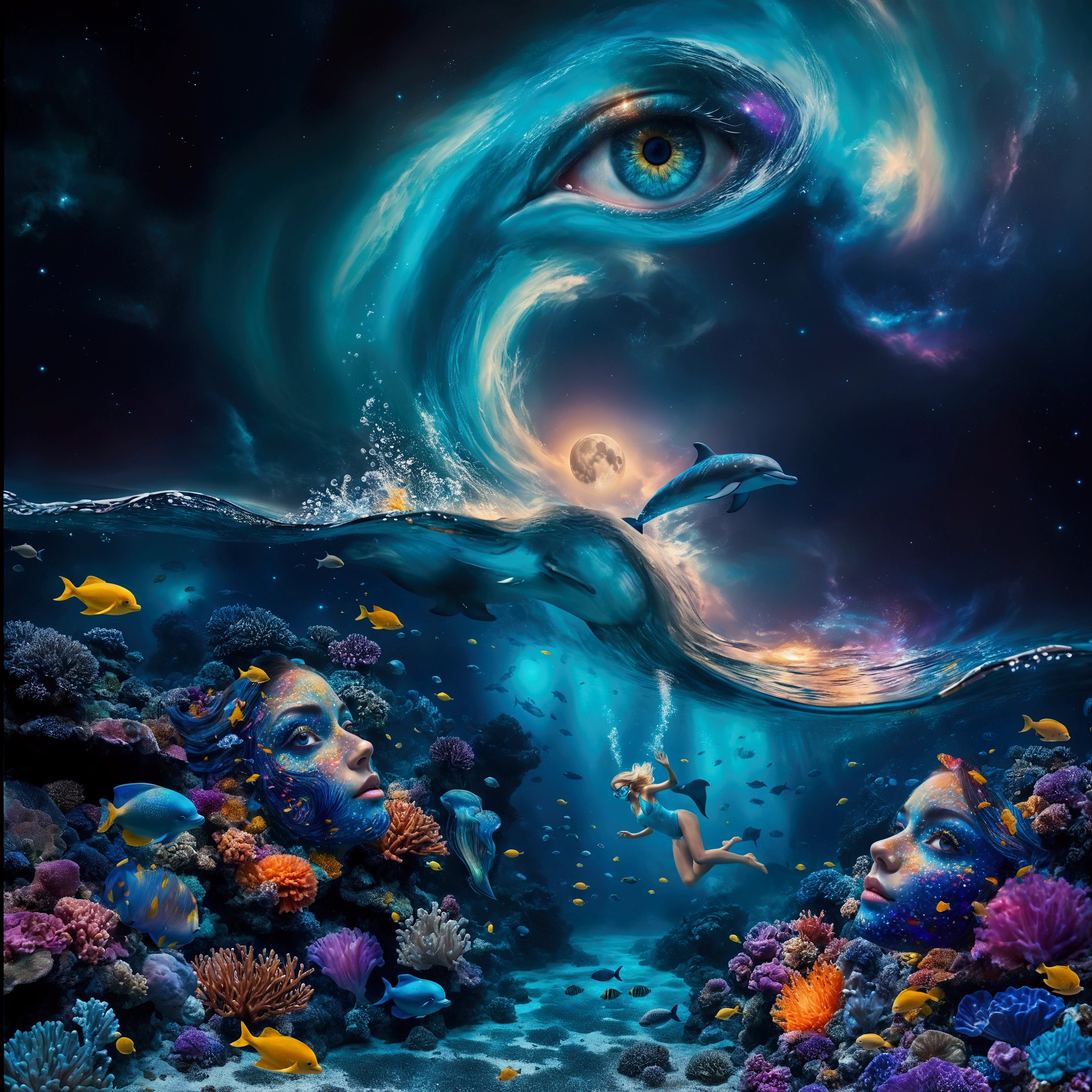 at night, Surreal, fantasy-style digital artwork featuring an underwater scene with vibrant coral reefs and various colorful fish. The layout is divided into two main sections: the underwater world and the sky above. In the underwater section, there are two large, human-like faces made of coral and sea life, with intricate details and vivid colors. (A blonde woman in a bikini with fins, mask and snorkel, surrounded by small bioluminescent creatures dancing around her, leaving trails of light.). Above the water, Starry sky: (A sky with a swirling galaxy evolving into a giant blue eye), embedded in a starry sky adorned with nebulae and cosmic dust. (A dolphin leaps out of the water towards a glowing moon, enhancing the dreamlike atmosphere). The overall composition is rich in detail and color, creating a captivating and otherworldly visual experience.Shimmering mist: A mist envelops the scene, lending it an ethereal quality. best quality, 8k, masterpiece, hight resolution.