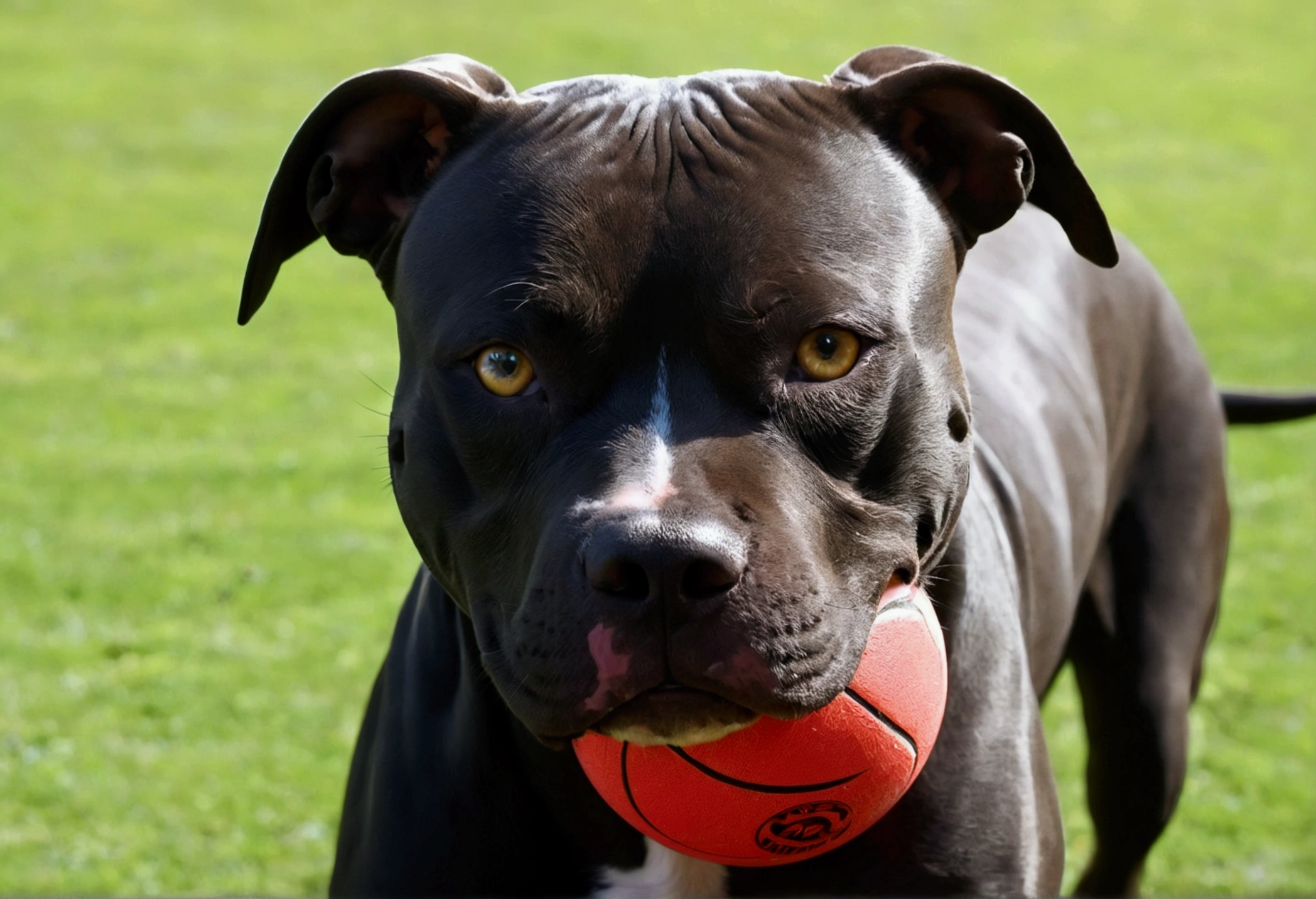 sweet black,((mid closeup)),6 years ,e pitbull red nose na rua, played with ball