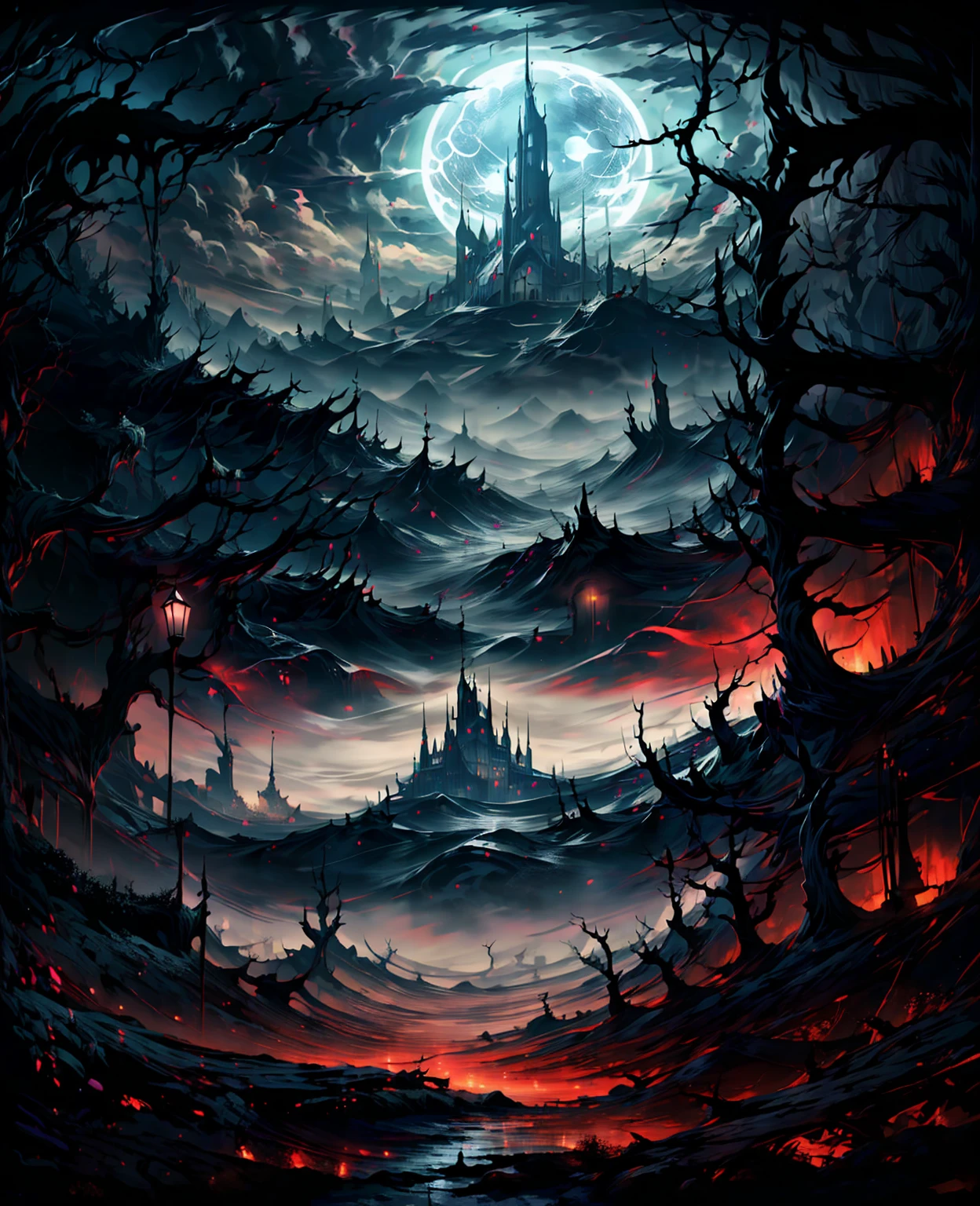 a dark and eerie landscape, haunted forest, gothic architecture, gloomy skies, gnarled twisted trees, thick fog, abandoned castle ruins, crumbling stone walls, moonlight shining through clouds, crows flying overhead, dilapidated buildings, overgrown with vines, dead trees, shattered windows, ominous atmosphere, moody lighting, cinematic composition, muted color palette, horror vibes, dark fantasy, (best quality,4k,8k,highres,masterpiece:1.2),ultra-detailed,(realistic,photorealistic,photo-realistic:1.37),cinematic lighting,dramatic shadows,moody atmosphere,dark and unsettling