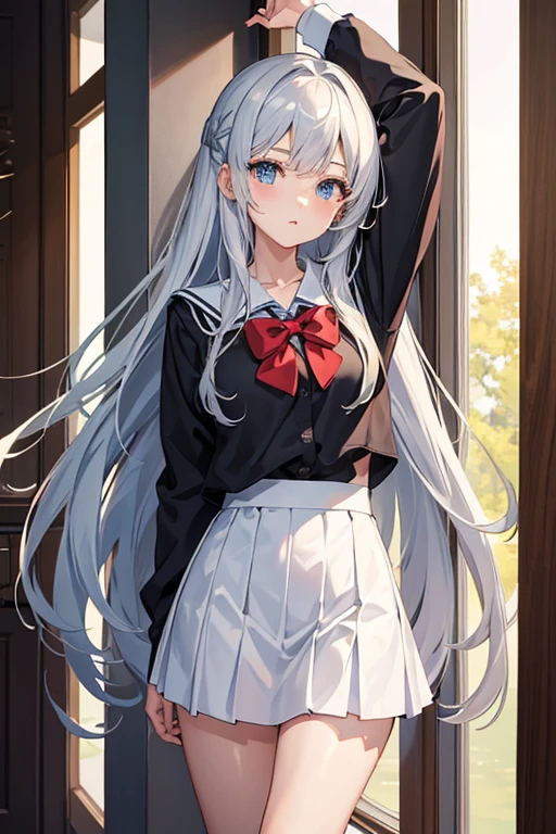 masterpiece, Highest quality, High resolution，Follow the on-screen instructions、Anime Style、Follow the prompts、One Girl、Long silver hair、School Uniform、左右の腕をクロスしを掴み上に引き上げる、mini skirt、