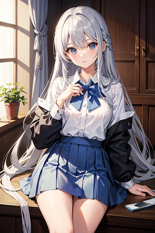 masterpiece, Highest quality, High resolution，Follow the on-screen instructions、Anime Style、Follow the prompts、One Girl、Long silver hair、School Uniform、左右の腕をクロスしを掴み上に引き上げる、mini skirt、