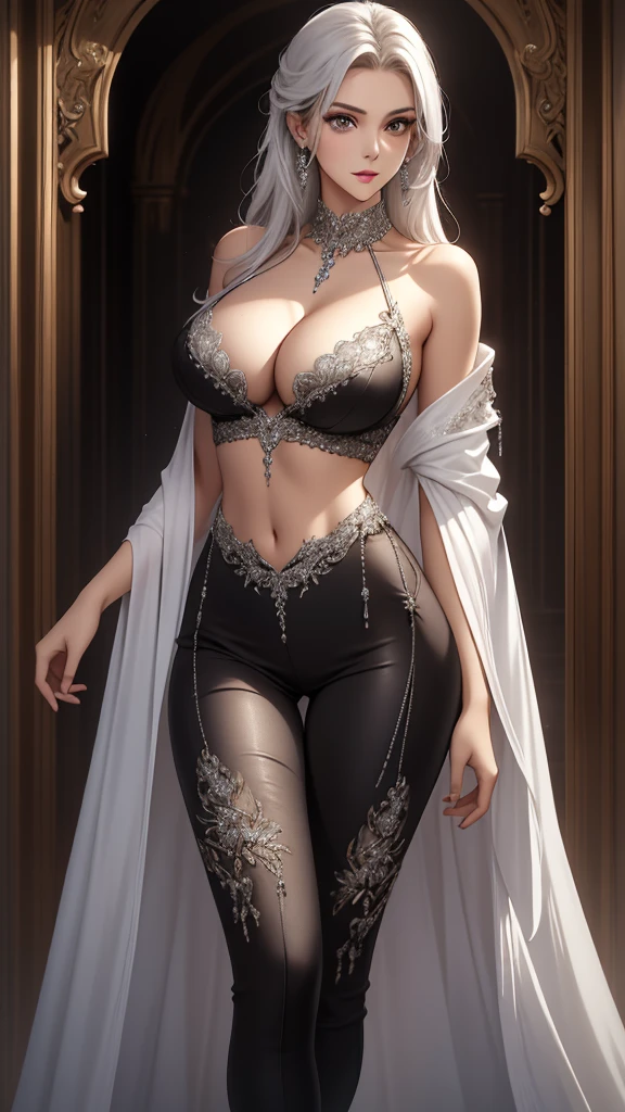 Best quality, masterpiece, realistic, Beautiful sexy cool tall, slim, fit woman, wearing fancy silver-white sequin  top and black pants, intricate and highly detailed, cleavage, long silver hair, body chain, jewelry.