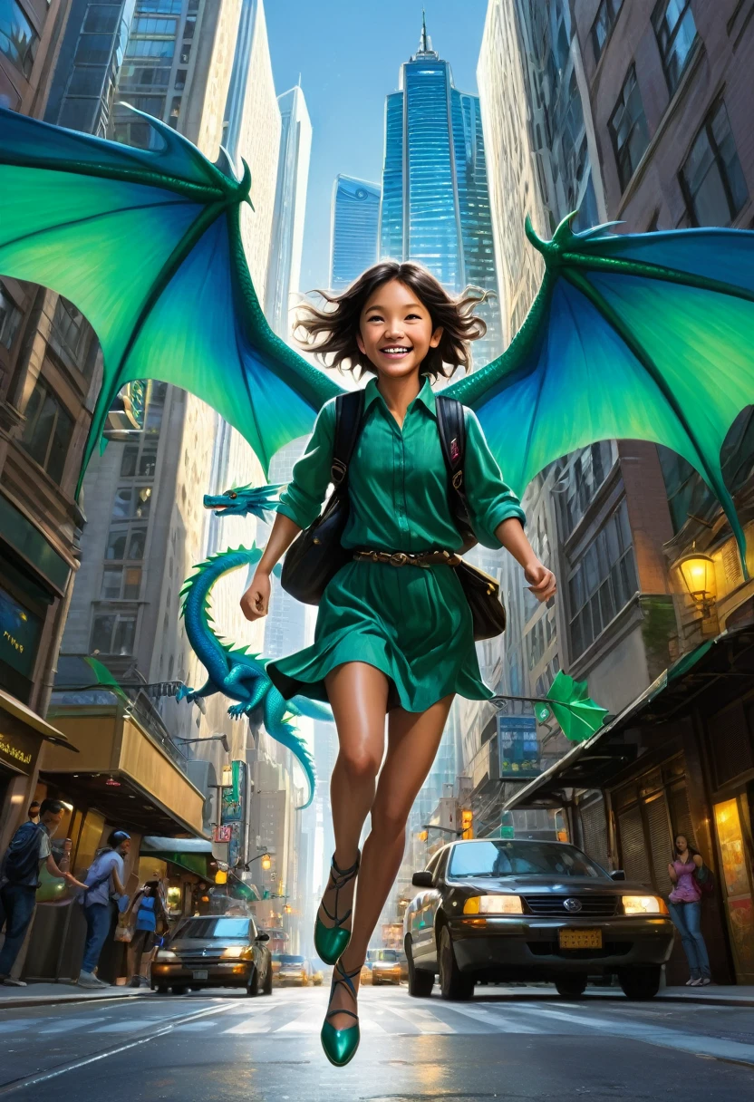 a young girl with vibrant, blue-green dragon wings flutters along the bustling streets of a shimmering metropolis as she gallops through the city night. The skyscrapers tower overhead, casting dappled shadows on the pavement below. She stops on top of the building, her arms wrapped around the door handle. She turns to the ground, a smile spreading out as she continues on her journey.