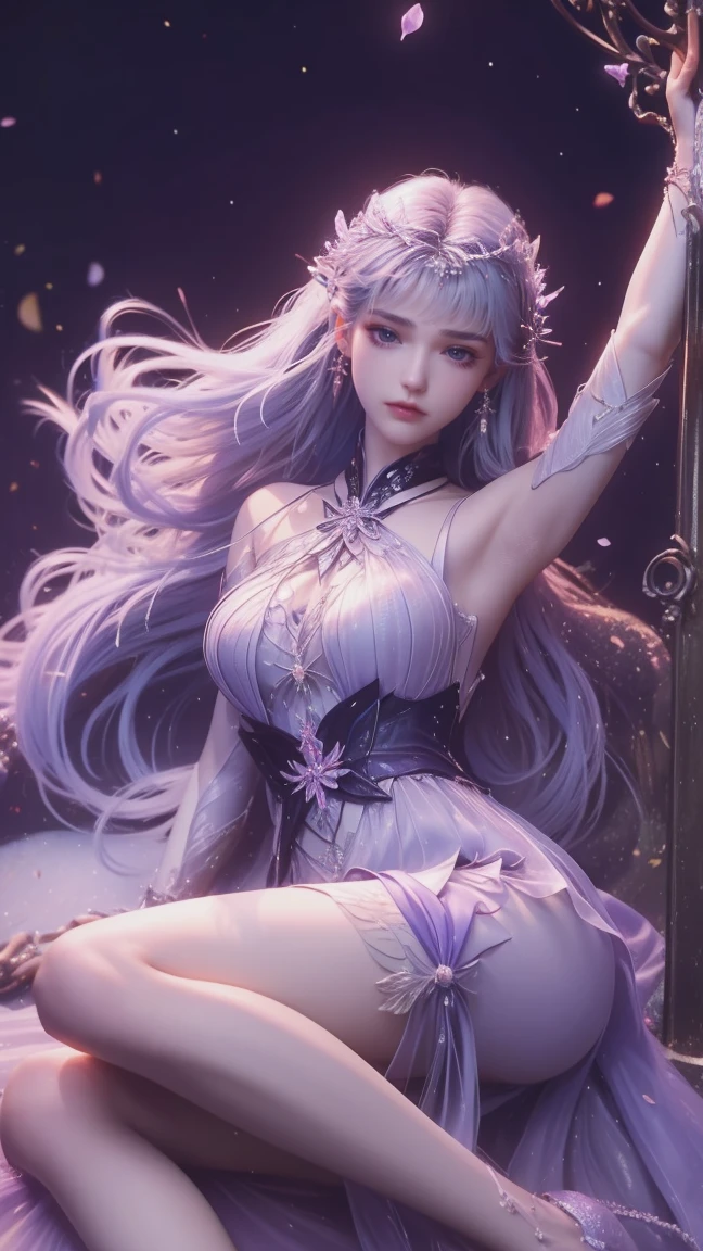 A beautiful woman with perfect curves wearing a long purple dress that gently flutters in the air,The beautiful woman was lie down in a sea of beautiful flowers surrounding her, Chinese traditional, her flexible body increasing with every movement, So enchanting, the dim candlelight, the glowing butterflies fighting the darkness of the night, the light of the moon, The night wind blowing the curtains, the purple flower petals , flower petals flying around the room, Chinese dancing, This woman is so beautiful that she attracts everyone who watches her, ancient China, imperial empress