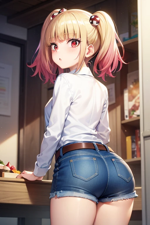 ((masterpiece)),(best quality),official art,extremely detailed CG,unity 8k wallpaper,ultra detailed,beautiful detailed eyes,extremely detailed face,1girl,solo,cowboy shot,looking at viewer,from behind,niguredou julia,multicolored hair,gradient hair,pink hair,blonde hair,twintails,food-themed hair ornament,mushroom hair ornament,red eyes,white shirt,long sleeves,denim shorts,shorts rolled up,belt