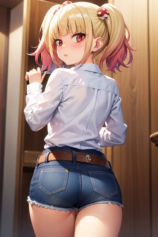 ((masterpiece)),(best quality),official art,extremely detailed CG,unity 8k wallpaper,ultra detailed,beautiful detailed eyes,extremely detailed face,1girl,solo,cowboy shot,looking at viewer,from behind,niguredou julia,multicolored hair,gradient hair,pink hair,blonde hair,twintails,food-themed hair ornament,mushroom hair ornament,red eyes,white shirt,long sleeves,denim shorts,shorts rolled up,belt