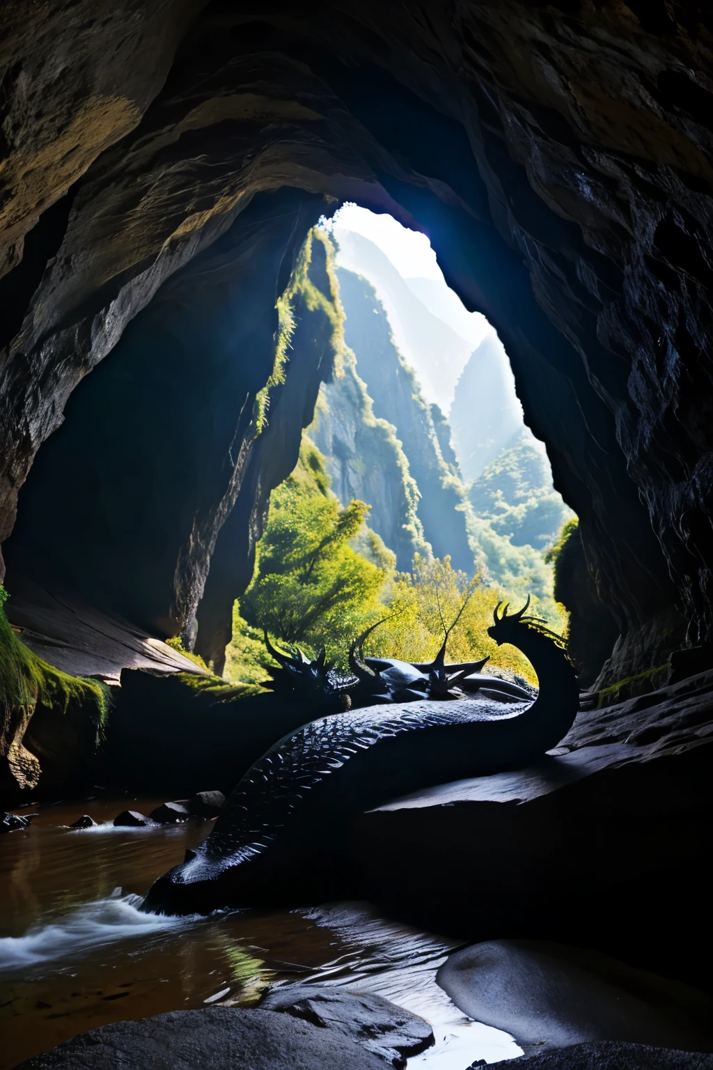 Dark and big dragon sleeping in a bright cave