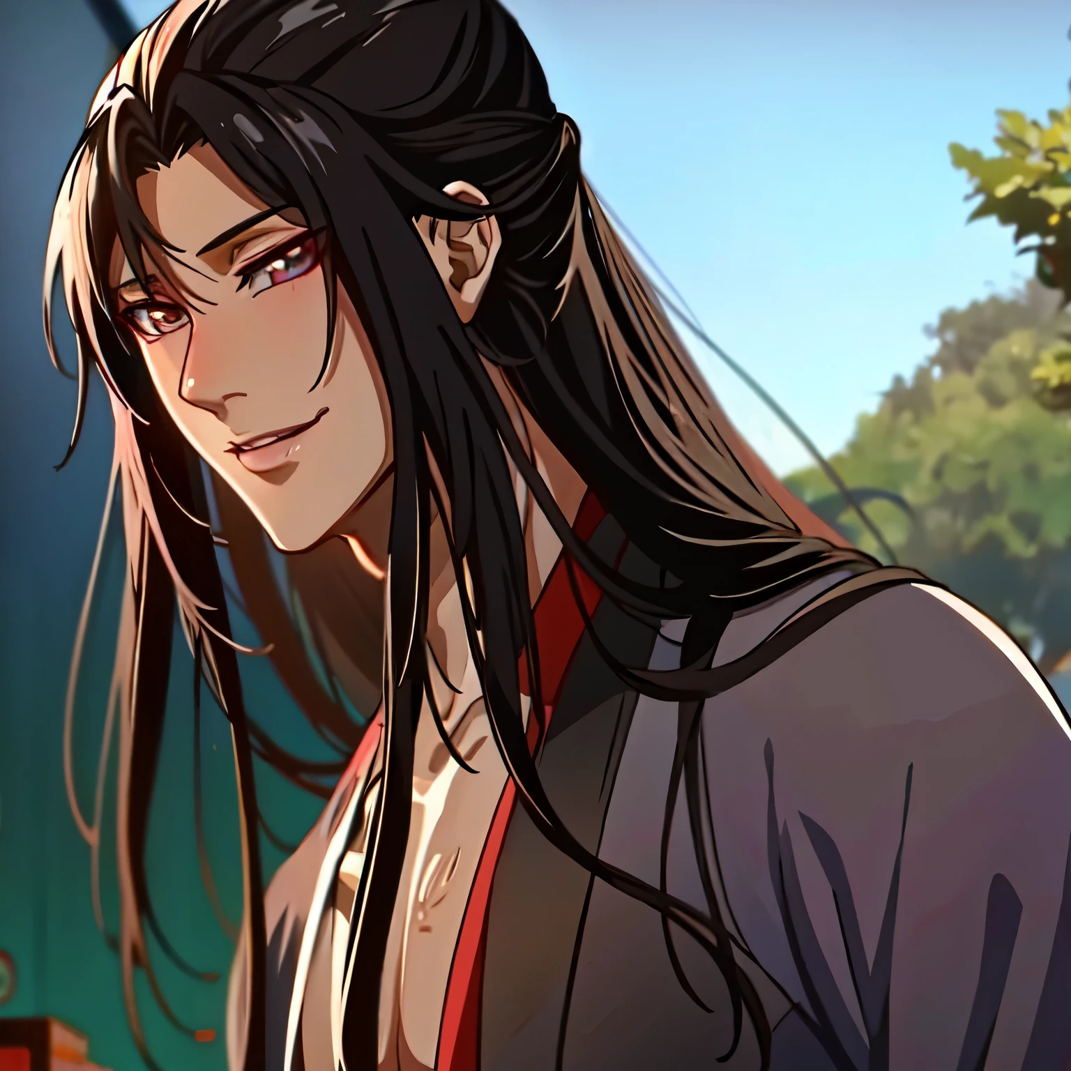 (masterpiece, best quality: 1.2), 1 male, solo, wei wuxia, mo dao zu shi, mdzs, gray eyes, long braided black hair, ponytail, perfect anatomy, detailed eyes, perfect eyes, perfect body, perfect lighting, fully naked, penis visible, penis, stiff penis, beautiful penis, perfect anatomy penis, circumcised penis, wei wuxian has an erection, bottom view, blushing, kinky, standing in chinese style bedroom, naked, satisfied smile,