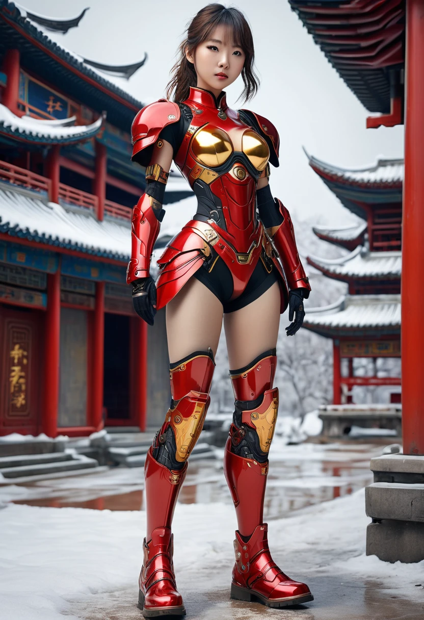((Full body photo, standing, feet on the ground)) A portrait of a girl, costume semi cyborg Red combbination gold iron full body, middle breast, texture skin breast realistic, thight skin texture realistic, boots iron shoes, chinese style, typing art background, realist style, reality, photo, skin texture,dermatoglyphy,full body,snowscape,