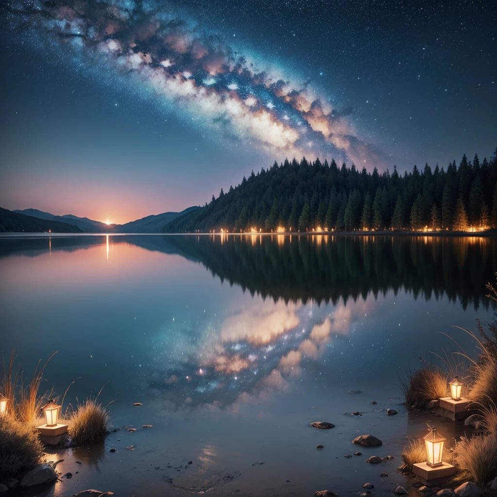 Lake at night with stars
