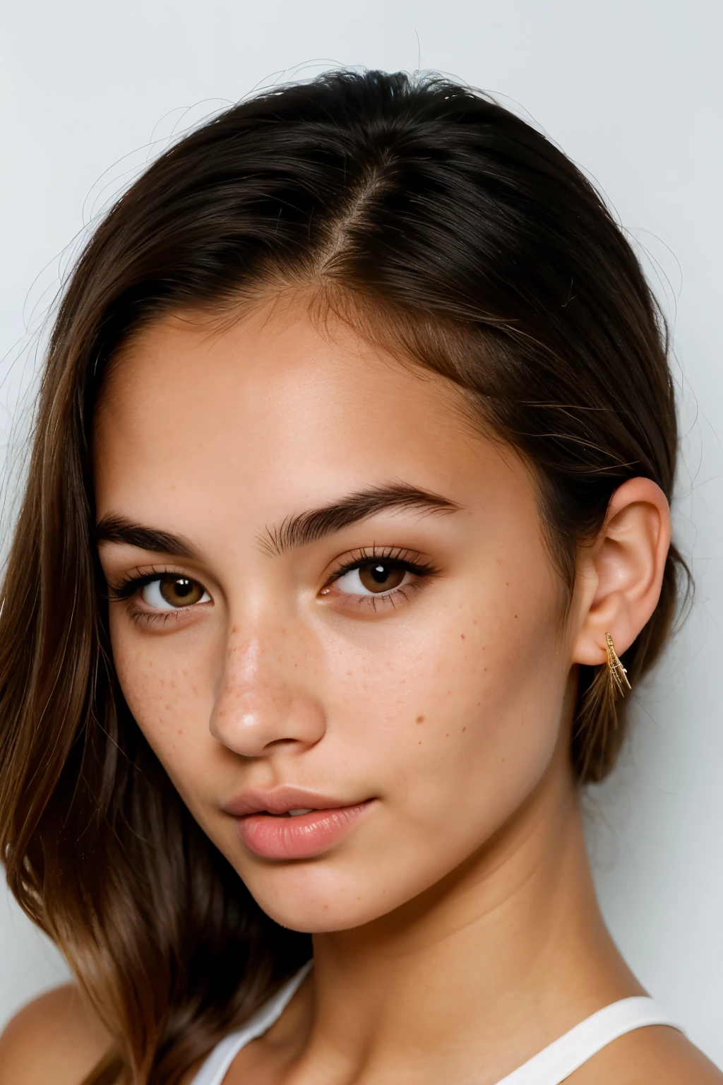 26 year old woman, lightly tanned skin, thin face, freckles, blond hair, dark brown eyes with long eyelashes, normal lip. No animated character