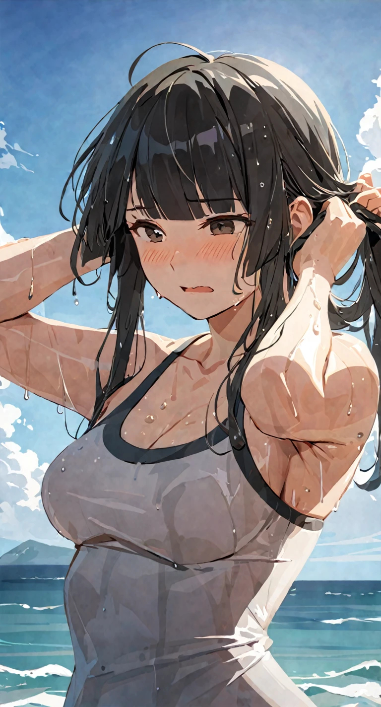 masterpiece,best quality, solo, eda, bangs, black hair, upper body,blue sky,cloud, shy expression, medium breast, hot, thicc, swimsuit , ocean, water, she is tying her hair, she is shy, embarrassed , she is embarrassed, dynamic pose, wet, wet hair, she is tying her hair