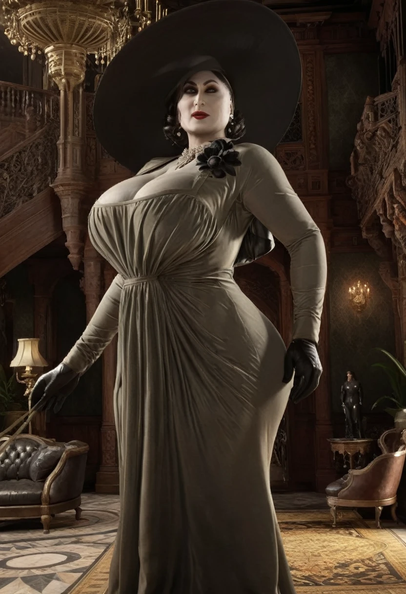 Looks like Kareena kapoor, 60 years old Woman, Lady Dimitrescu exuding elegance and confidence in a grand, gothic setting, emphasizing her tall stature and full figure without any nudity.", wide body, massive breast, wide hips, heavy physique, heavy figure, voluptuous body, 3d CGI, digital render, hyper realistic, trending on artstation, highly detailed 3dcgi, wide body, enormous huge , Alcina Dimitrescu, 