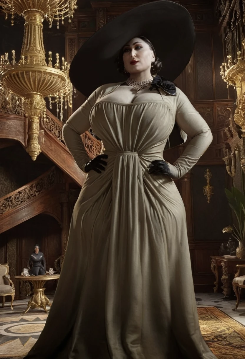 Looks like Kareena kapoor, 60 years old Woman, Lady Dimitrescu exuding elegance and confidence in a grand, gothic setting, emphasizing her tall stature and full figure without any nudity.", wide body, massive breast, wide hips, heavy physique, heavy figure, voluptuous body, 3d CGI, digital render, hyper realistic, trending on artstation, highly detailed 3dcgi, wide body, enormous huge , Alcina Dimitrescu, 