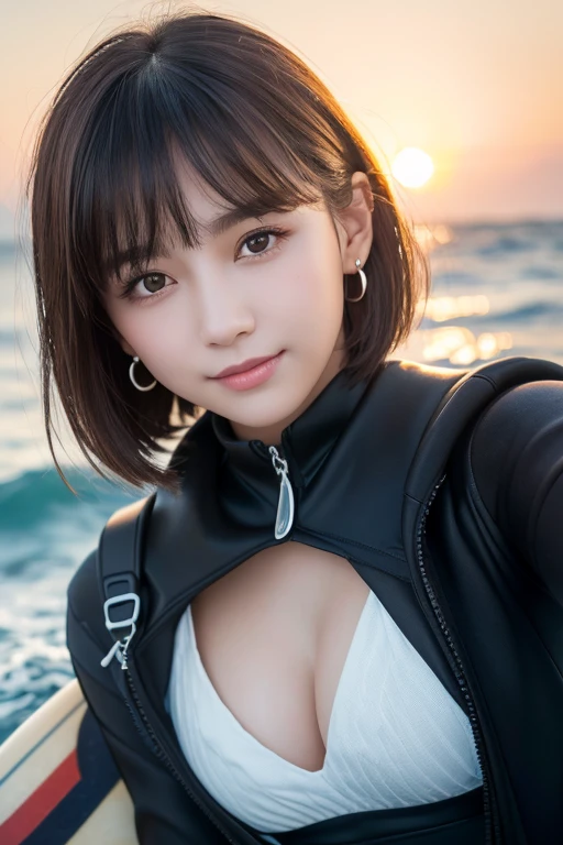 girl, White skin, ((Dark brown short tiered hair)), V cut with layers and bangs, Brown eyes, Soft atmosphere characteristics (Highest quality, Ultra-high resolution, 8k, RAW Photos, Ultra-high resolution: 1.2, masterpiece: 1.3), (Realistic, Realistic: 1.37), Very detailed, Professional Lighting, Photon Mapping, Radio City, 物理ベースレンダring, One Girl, (high school girl), Sharp focus:1.2、Beautiful woman:1.4,cute, Nice, Adorable smile, Normal chest, Cross Necklace、Earrings、ring,(Cleavage)、Selfie, ((surfing, Blue Wave, surfboard, Wetsuits, sea breeze, A refreshing look, sun) )