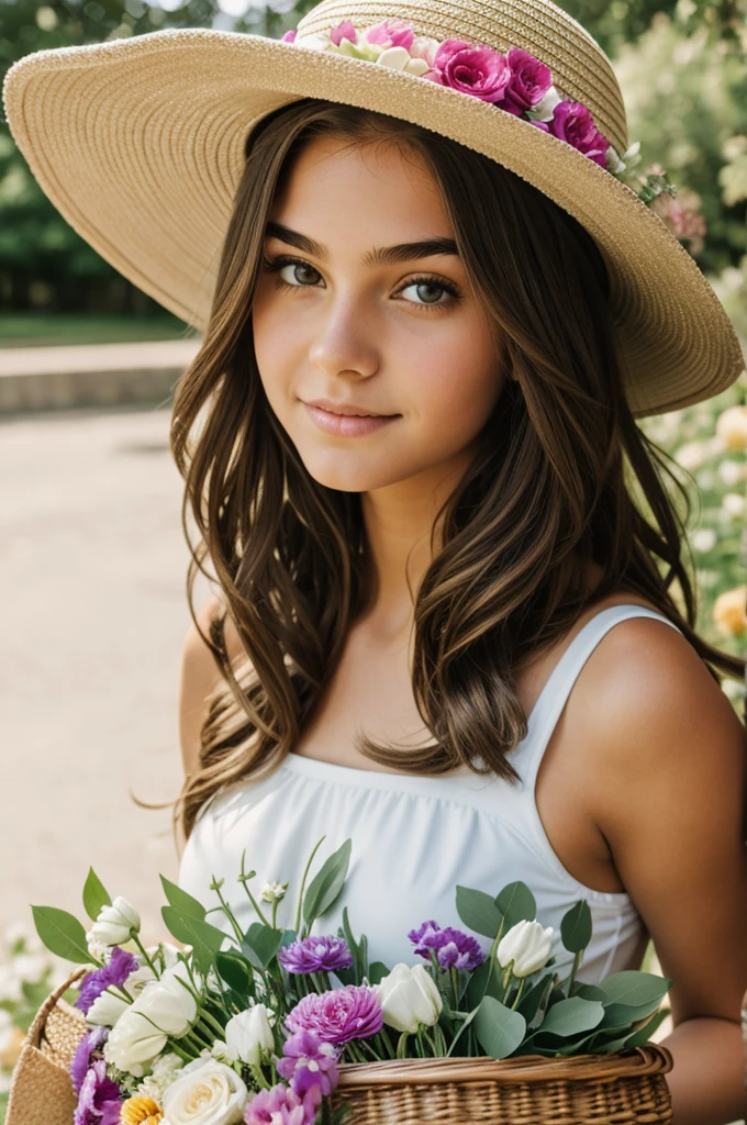 age girl in swimsuit hat and basket of flowers