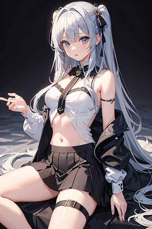 masterpiece, Highest quality, High resolution,Follow the on-screen instructions、Anime Style、Follow the prompts、One Girl、Long silver hair、、Undressing、mini skirt、