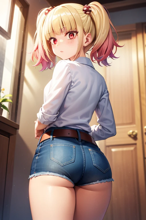 ((masterpiece)),(best quality),official art,extremely detailed CG,unity 8k wallpaper,ultra detailed,beautiful detailed eyes,extremely detailed face,1girl,solo,cowboy shot,looking at viewer,from behind,niguredou julia,multicolored hair,gradient hair,pink hair,blonde hair,twintails,food-themed hair ornament,mushroom hair ornament,red eyes,white shirt,long sleeves,denim shorts,shorts rolled up,belt