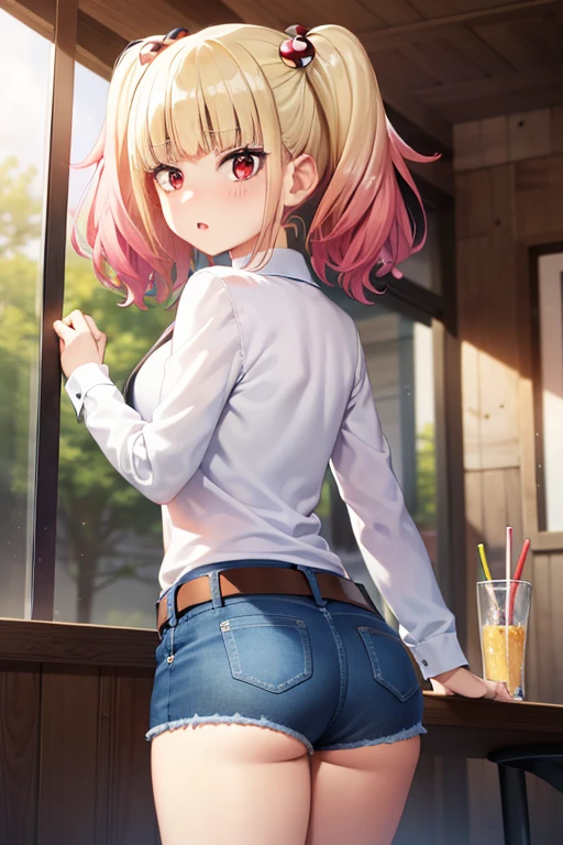 ((masterpiece)),(best quality),official art,extremely detailed CG,unity 8k wallpaper,ultra detailed,beautiful detailed eyes,extremely detailed face,1girl,solo,cowboy shot,looking at viewer,from behind,niguredou julia,multicolored hair,gradient hair,pink hair,blonde hair,twintails,food-themed hair ornament,mushroom hair ornament,red eyes,white shirt,long sleeves,denim shorts,shorts rolled up,belt