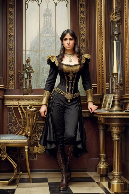 Oil Painting, (Karla Jaeger in a tailored steampunk dress with brass accents, leather boots, pocket watch on a chain, serious expression), (in a grand Victorian ballroom, chandeliers with mechanical gears, marble floors, large windows with heavy drapes), (rich colors, high contrast, highly detailed, Neo-Victorian, trending on DeviantArt), by James Gurney and John William Waterhouse and Alphonse Mucha