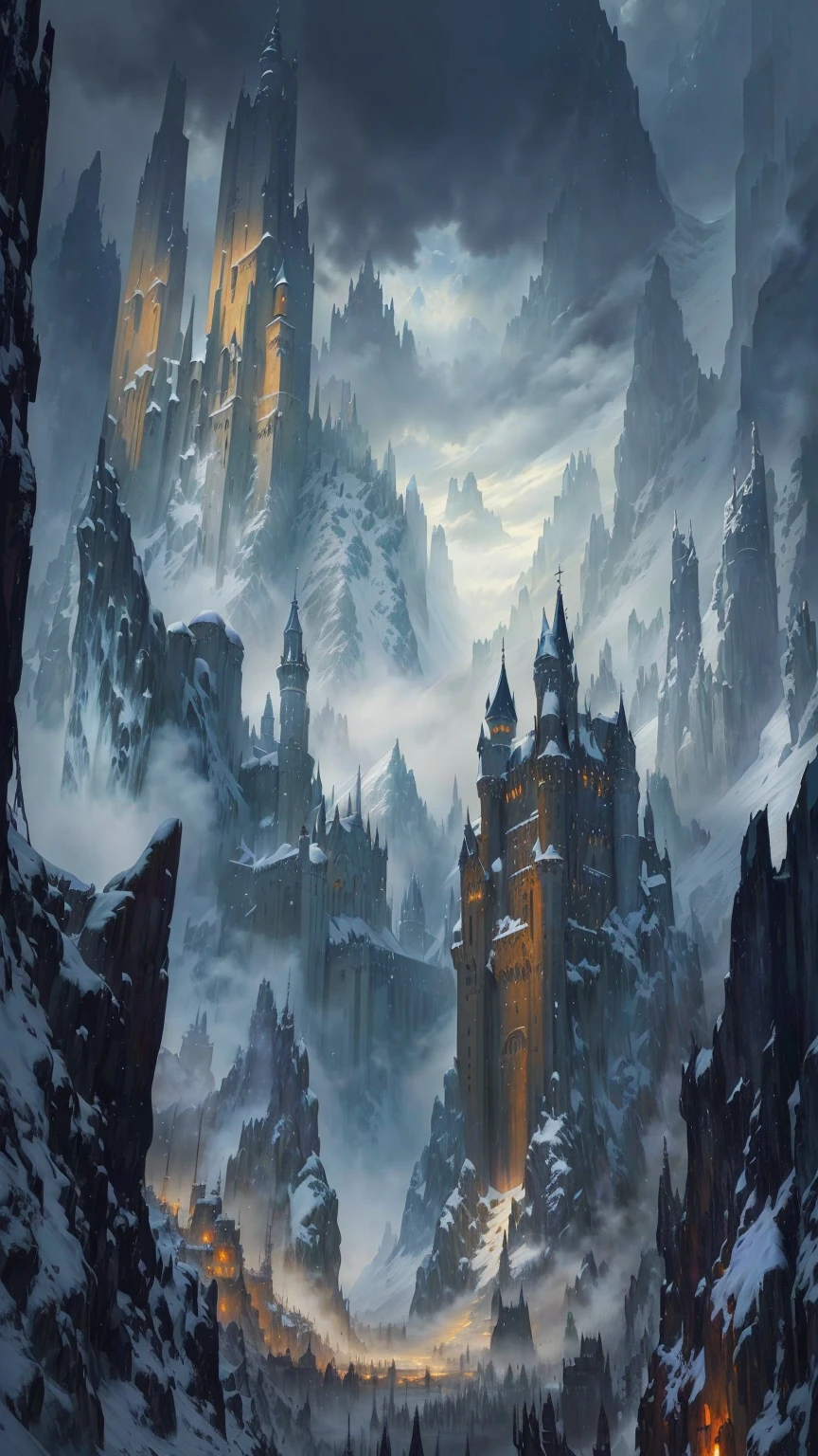 a painting of a castle on a snowy mountain with a sky background, stunning concept art, dramatic conceptual art, winter concept art, andreas rocha style, concept art highly detailed, medieval concept art, the style of andreas rocha, medieval fantasy game art, complex and epic concept art, epic art from the elder scrolls, beautiful detailed concept art, epic fantasy concept art