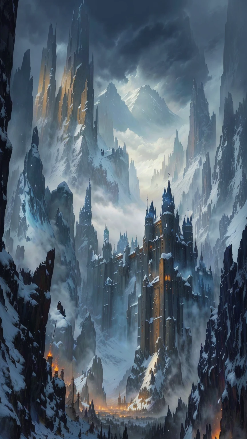 a painting of a castle on a snowy mountain with a sky background, stunning concept art, dramatic conceptual art, winter concept art, andreas rocha style, concept art highly detailed, medieval concept art, the style of andreas rocha, medieval fantasy game art, complex and epic concept art, epic art from the elder scrolls, beautiful detailed concept art, epic fantasy concept art