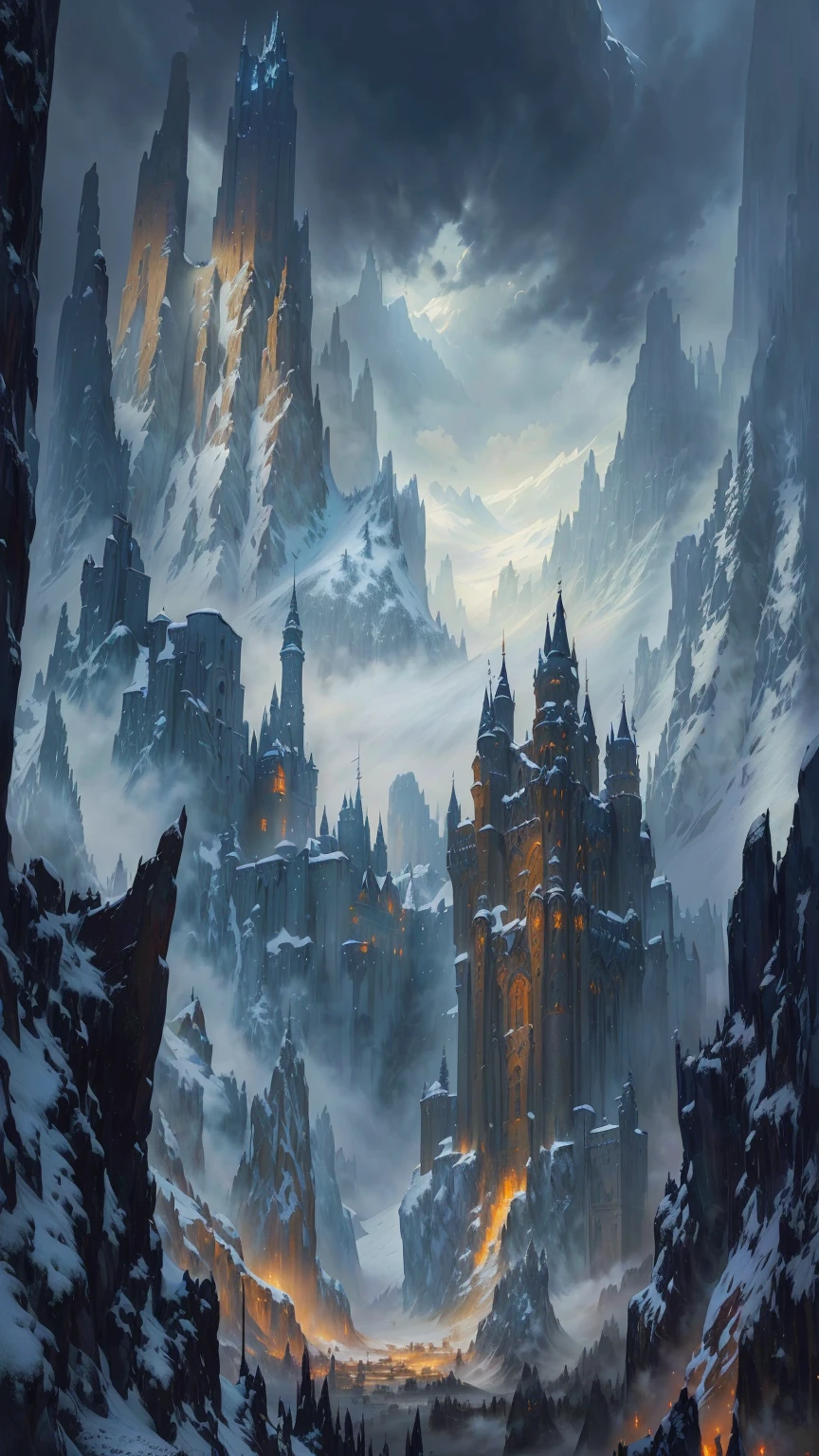 a painting of a castle on a snowy mountain with a sky background, stunning concept art, dramatic conceptual art, winter concept art, andreas rocha style, concept art highly detailed, medieval concept art, the style of andreas rocha, medieval fantasy game art, complex and epic concept art, epic art from the elder scrolls, beautiful detailed concept art, epic fantasy concept art
