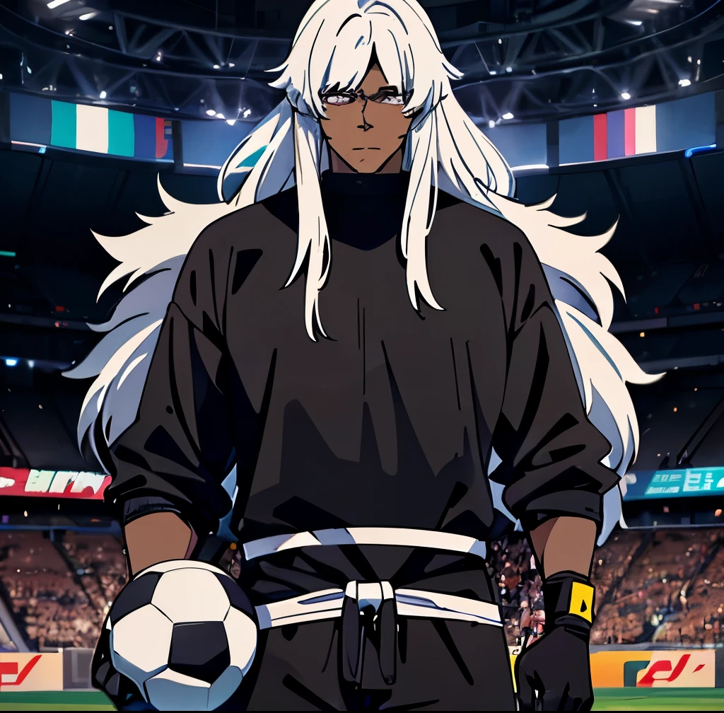 Soccer goalie with level 10 black aura, tall, (large mammoth in background), long white hair, (dark brown skin), black and white soccer jersey, goalkeeper gloves, purple eyes, masculine features,