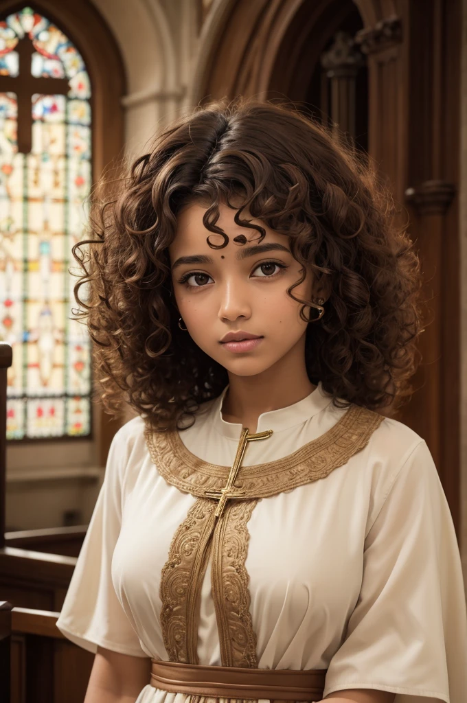 Brown acolyte woman with curly hair at the Catholic church 