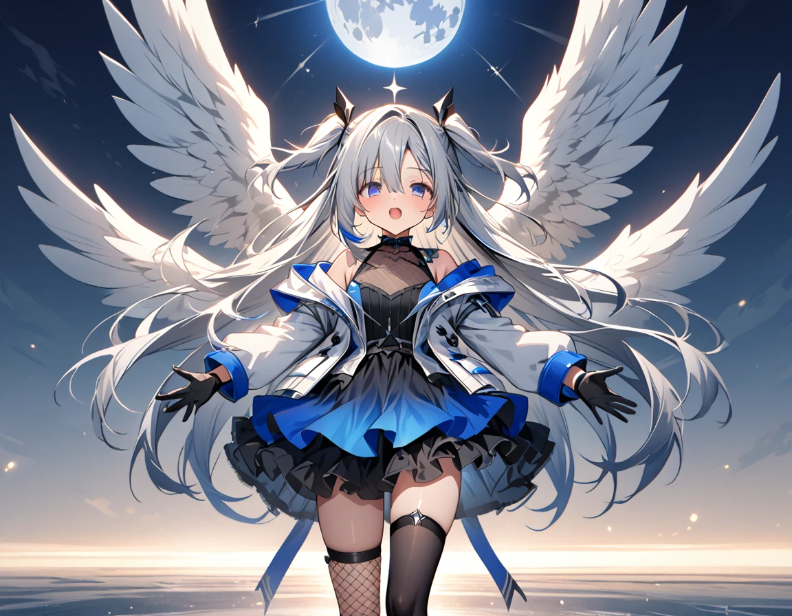 best quality,ultra detailed,extremely detailed and beautiful,perfect anatomy,perfect hands,singing In the air,(amane kanata)+++, angel, angel_wings, asymmetrical hair,silver hair,mesh (blue), very long hair, two side up,flat chest,(black frill dress)+,black gloves, (white jacket)+++,opened jacket,asymmetrical legwear,full moon,