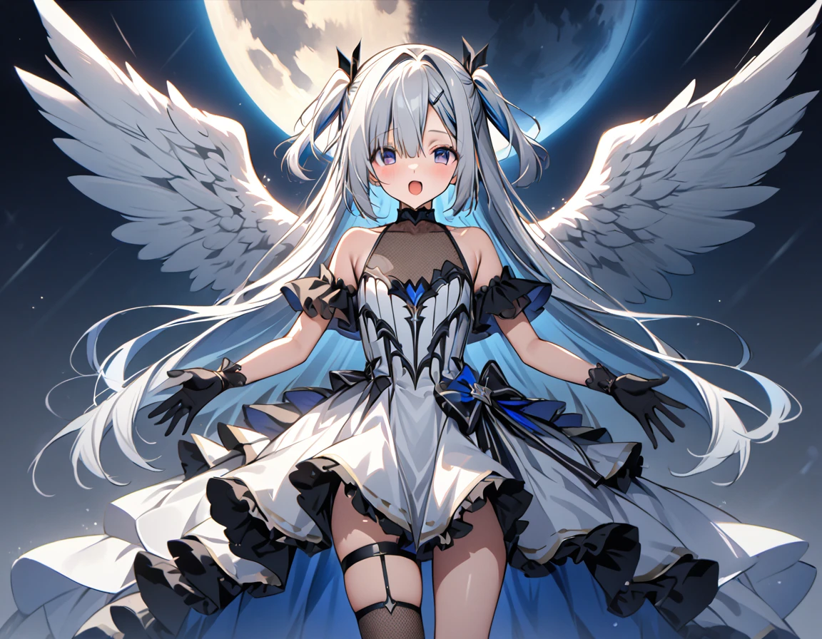 best quality,ultra detailed,extremely detailed and beautiful,perfect anatomy,perfect hands,singing In the air,(amane kanata)+++, angel, angel_wings, asymmetrical hair,silver hair,mesh (blue), very long hair, two side up,flat chest,(black frill dress)+,black gloves, (white jacket)+++,opened jacket,asymmetrical legwear,full moon,