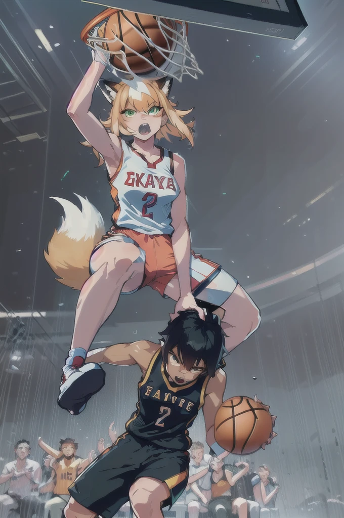 (anthropomorphic fox:1.4), green eyes, open mouth, slam dunk, basketball uniform, basketball court, intricate design, bright colors, masterpiece in maximum 16K resolution, best quality, ultra detailed, aesthetics, absurdes.
