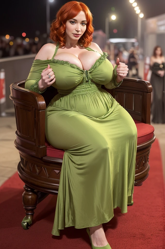 (background is a busy red carpet movie premiere:1.5),  photorealistic, (minigirl:1.5) (thicc:1.3) (Christina Hendricks:1.5) (sitting inside an oversized old-fashioned bassinet:1.4) and wearing a (tight green silky dress:1.3), (enormous breasts:1.5), high heels, (arms crossed:1.4), nsfw, 