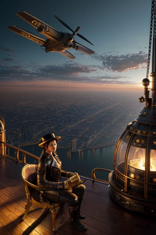 Concept Art, (Karla Jaeger in a steampunk explorer outfit, leather jacket with brass buttons, aviator cap, intricate mechanical gauntlet, adventurous expression), (on the deck of a Victorian airship, large propellers, panoramic view of a foggy cityscape below, steam billowing from engines), (moody lighting, dynamic composition, highly detailed, Victorian Futurism, trending on ArtStation), by Syd Mead and Ralph McQuarrie and John Howe