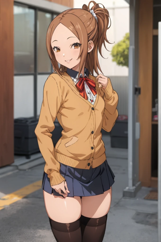 miyoshi kaya, light brown hair, high ponytail,small breasts, orange eyes, parted bangs, forehead,
 1girl,solo,looking at viewer, ,smile,,,ribbon,long sleeves,miniskirt,thighhighs,outdoor,(((gyaru)))