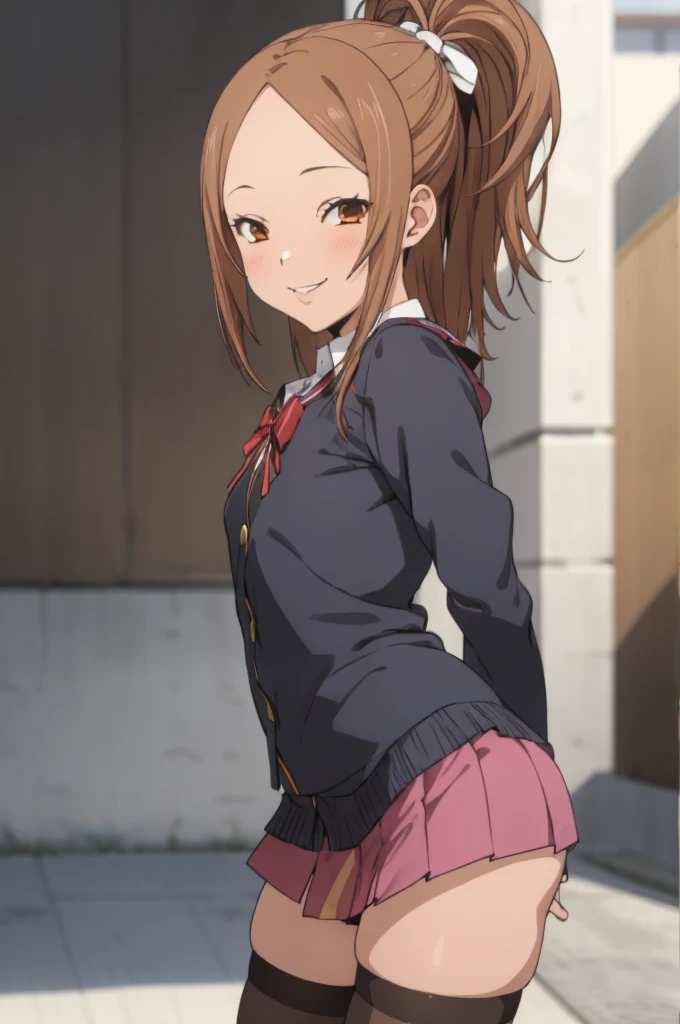 miyoshi kaya, light brown hair, high ponytail,small breasts, orange eyes, parted bangs, forehead,
 1girl,solo,looking at viewer, ,smile,,,ribbon,long sleeves,miniskirt,thighhighs,outdoor,(((gyaru)))