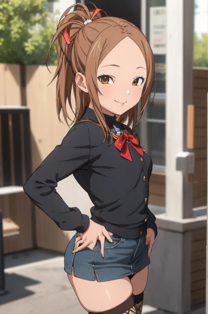 miyoshi kaya, light brown hair, high ponytail,small breasts, orange eyes, parted bangs, forehead,
 1girl,solo,looking at viewer, ,smile,,,ribbon,long sleeves,miniskirt,thighhighs,outdoor,(((gyaru)))