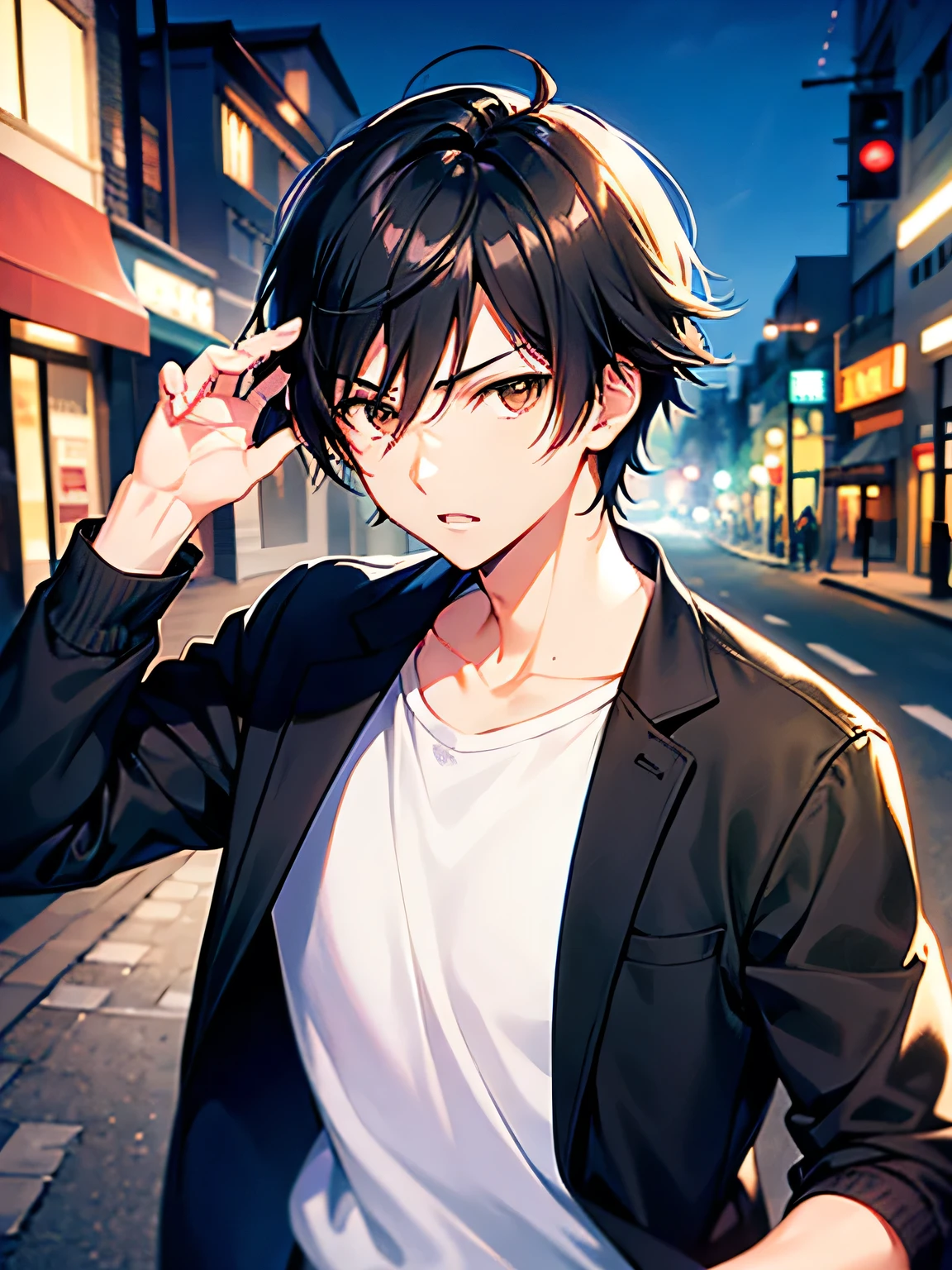 Anime Style A Boy With Cool Pose, Black Hair And Brown eyes, , Background On The Street, Anime Makoto Shinkai, Makoto Shinkai Style Art, Expresive Eye, Best Quality, Perfect Face, Boy Characters, Dazai Osamu Hair Style