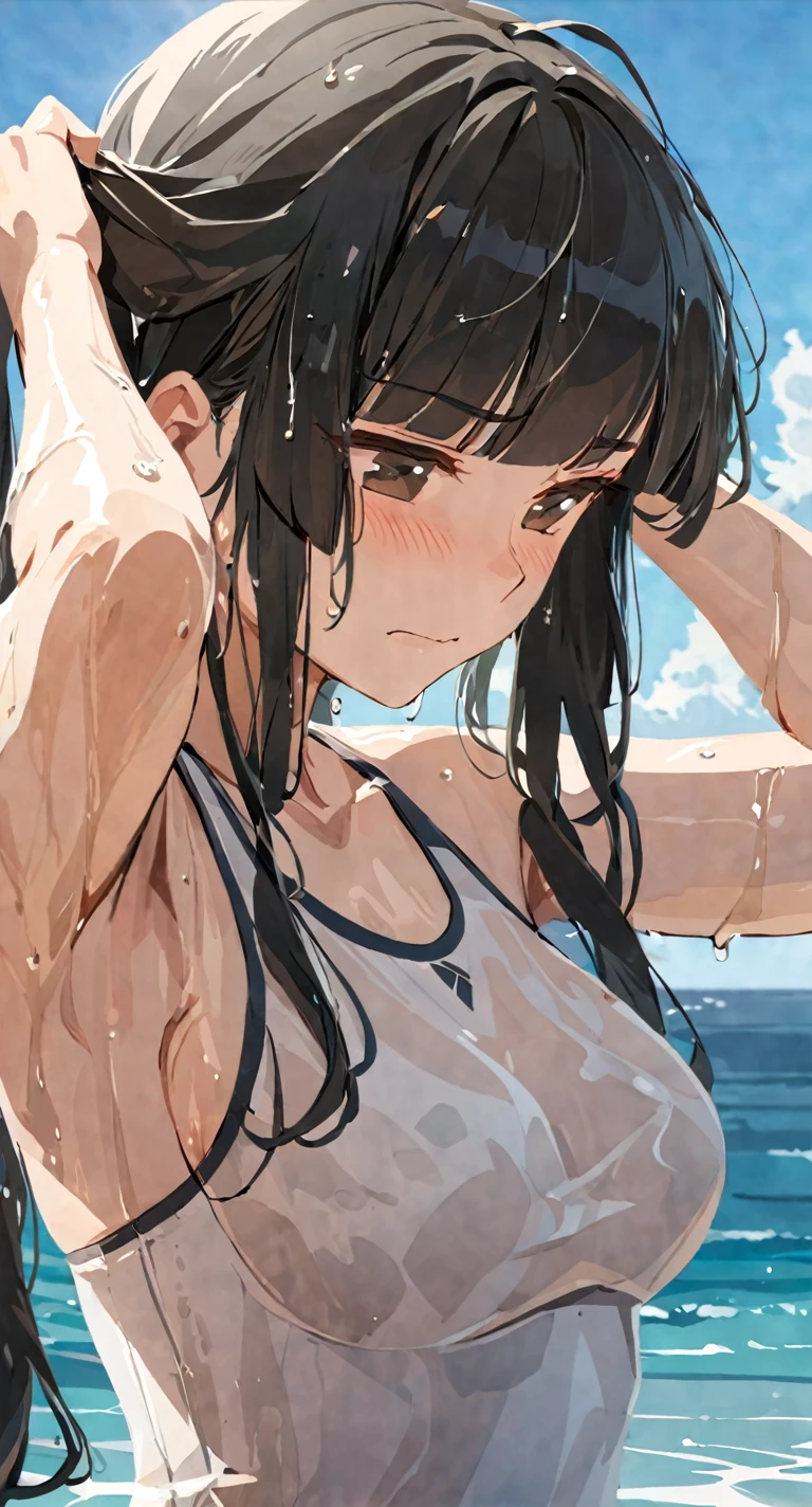 masterpiece,best quality, solo, eda, bangs, black hair, upper body,blue sky,cloud, shy expression, medium breast, hot, thicc, swimsuit , ocean, water, she is tying her hair, she is shy, embarrassed , she is embarrassed, dynamic pose, wet, wet hair, she is tying her hair, close shot, upper body