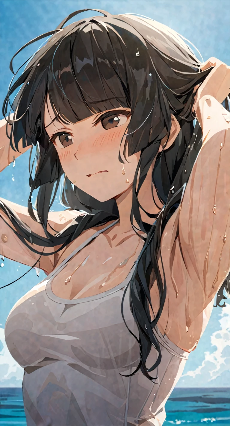 masterpiece,best quality, solo, eda, bangs, black hair, upper body,blue sky,cloud, shy expression, medium breast, hot, thicc, swimsuit , ocean, water, she is tying her hair, she is shy, embarrassed , she is embarrassed, dynamic pose, wet, wet hair, she is tying her hair, close shot, upper body