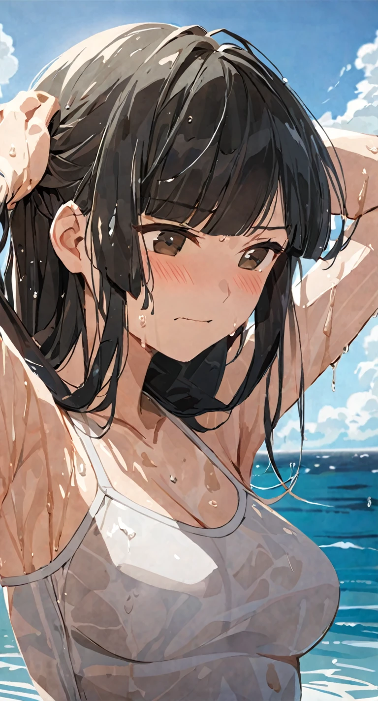 masterpiece,best quality, solo, eda, bangs, black hair, upper body,blue sky,cloud, shy expression, medium breast, hot, thicc, swimsuit , ocean, water, she is tying her hair, she is shy, embarrassed , she is embarrassed, dynamic pose, wet, wet hair, she is tying her hair, close shot, upper body