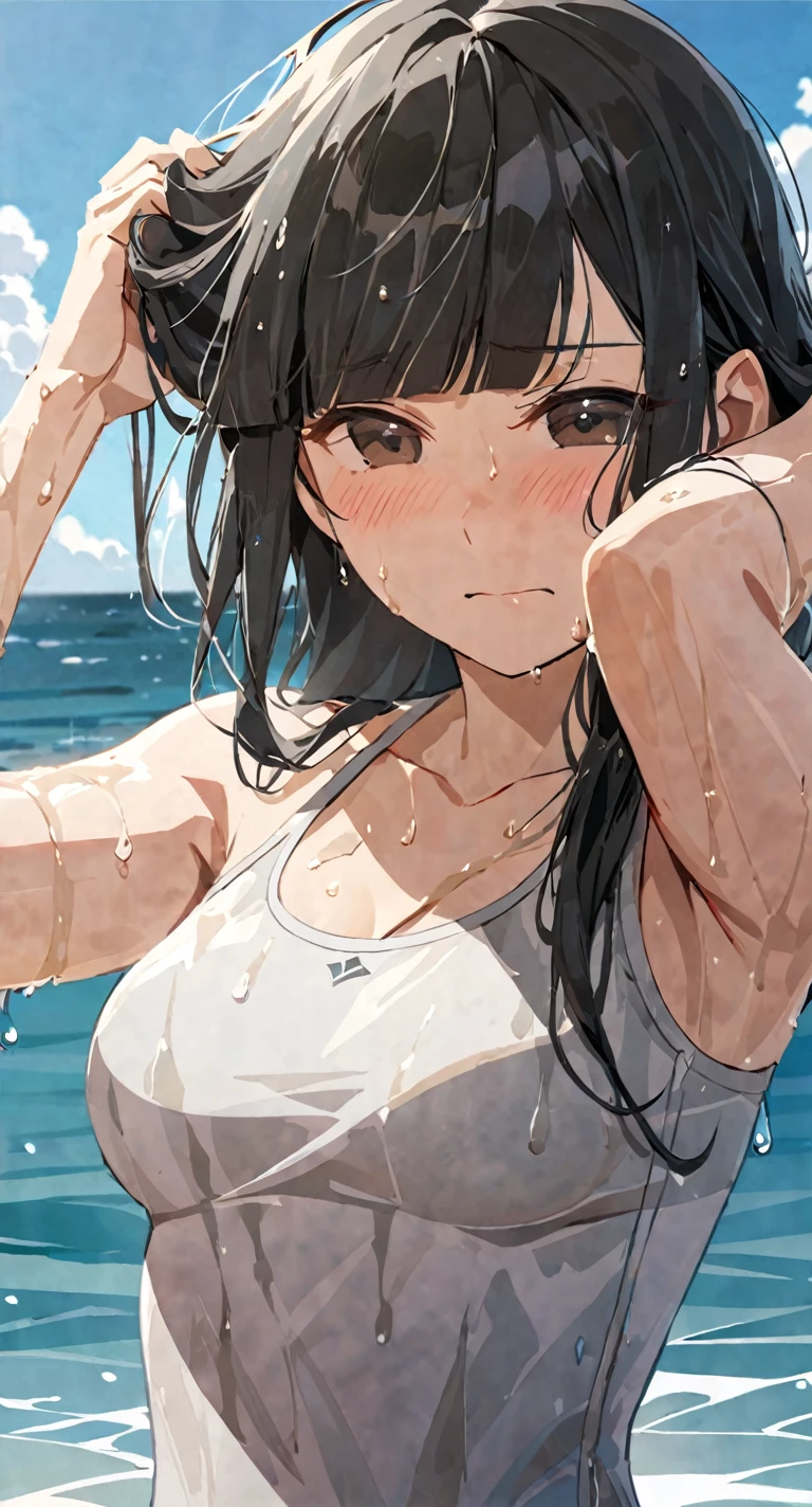 masterpiece,best quality, solo, eda, bangs, black hair, upper body,blue sky,cloud, shy expression, medium breast, hot, thicc, swimsuit , ocean, water, she is tying her hair, she is shy, embarrassed , she is embarrassed, dynamic pose, wet, wet hair, she is tying her hair, close shot, upper body