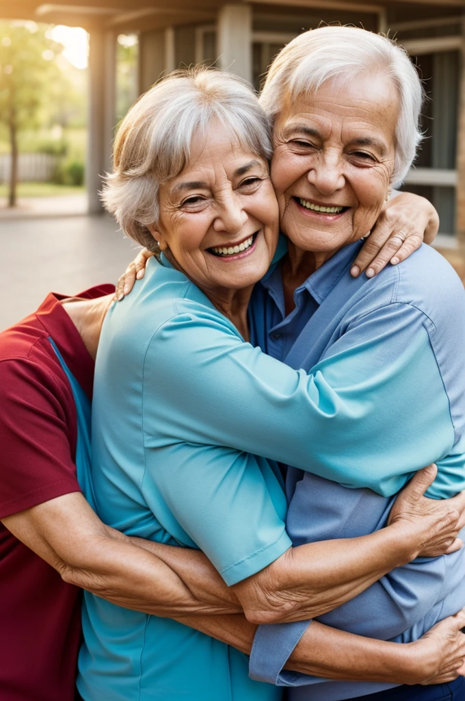 Older adults hugging each other, happy because they have just completed their pension