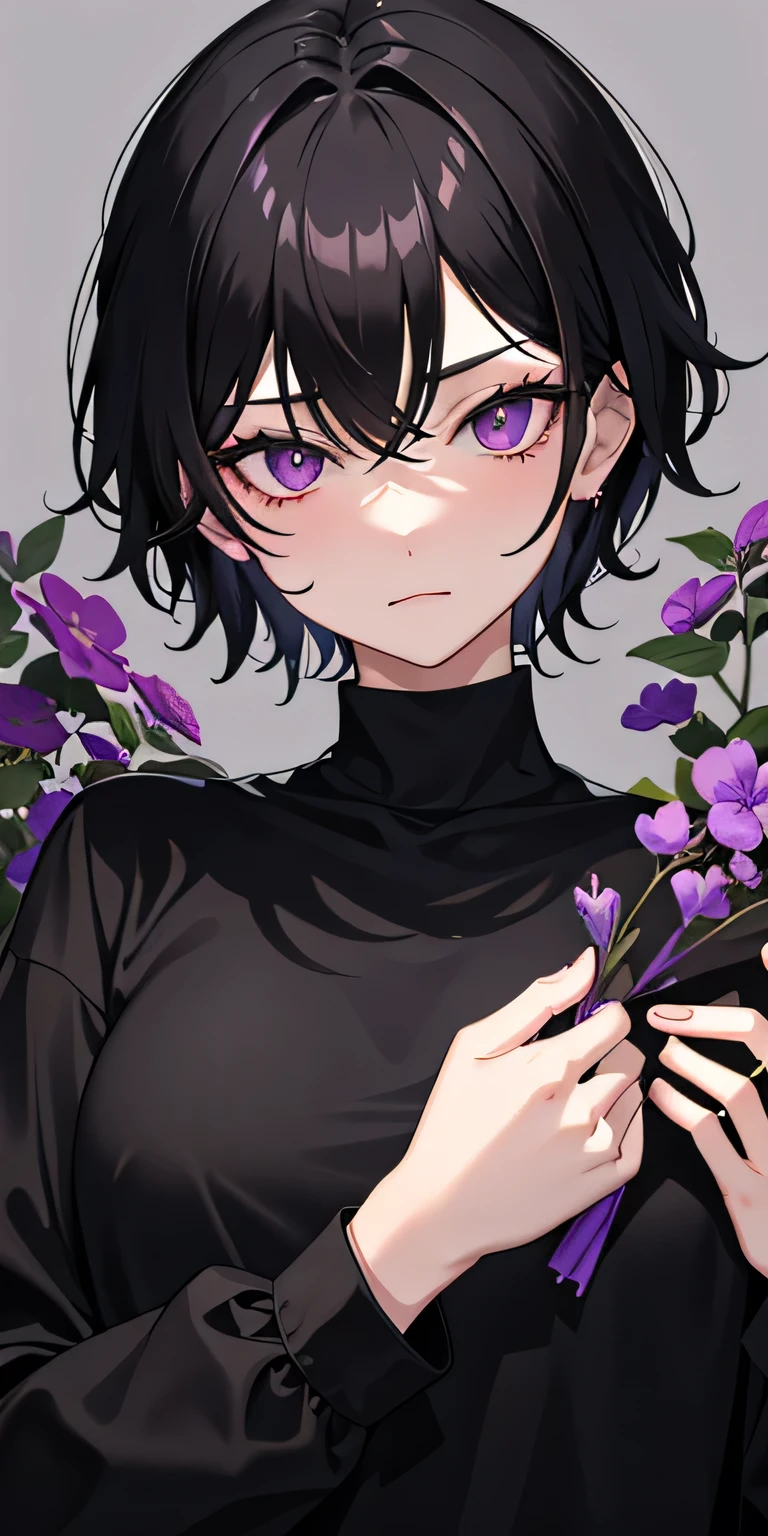 1 guy, female, short black hair, purple eyes, Black flowers, , t-shirt, blood, sinister, scary, black mist